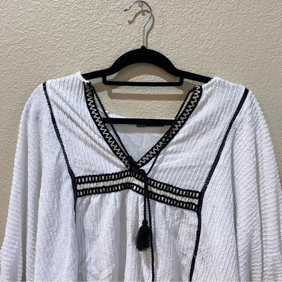 ZARA White Boho Blouse Cords Tassels Cotton Size Medium - Picture 4 of 9